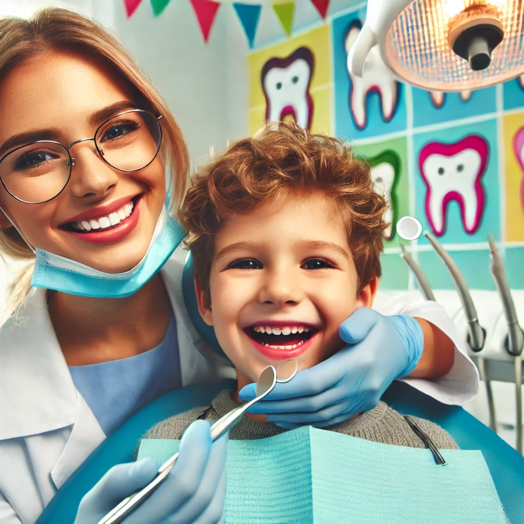 DALL·E 2025 03 22 18.40.01 A pediatric dentist treating a smiling child in a colorful and fun dental clinic creating a friendly environment