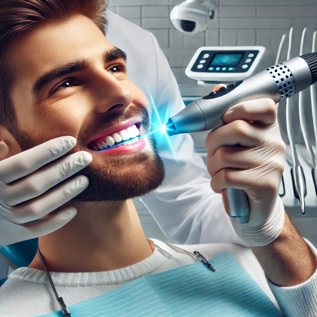 DALL·E 2025 03 22 18.40.04 A dentist using a laser tool to perform a dental procedure demonstrating advanced laser dentistry technology in a modern clinic