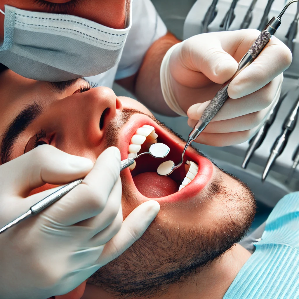 DALL·E 2025 03 22 18.40.06 A dentist carefully extracting a tooth from a patients mouth using professional dental tools in a clinical setting