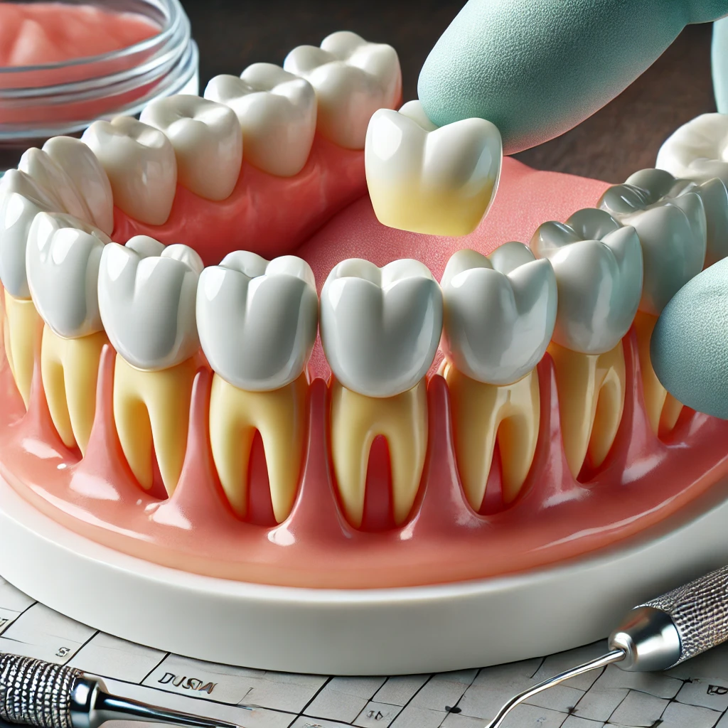 DALL·E 2025 03 22 18.40.14 A close up of a dental model showing a crown and bridge being placed on teeth illustrating restorative dentistry