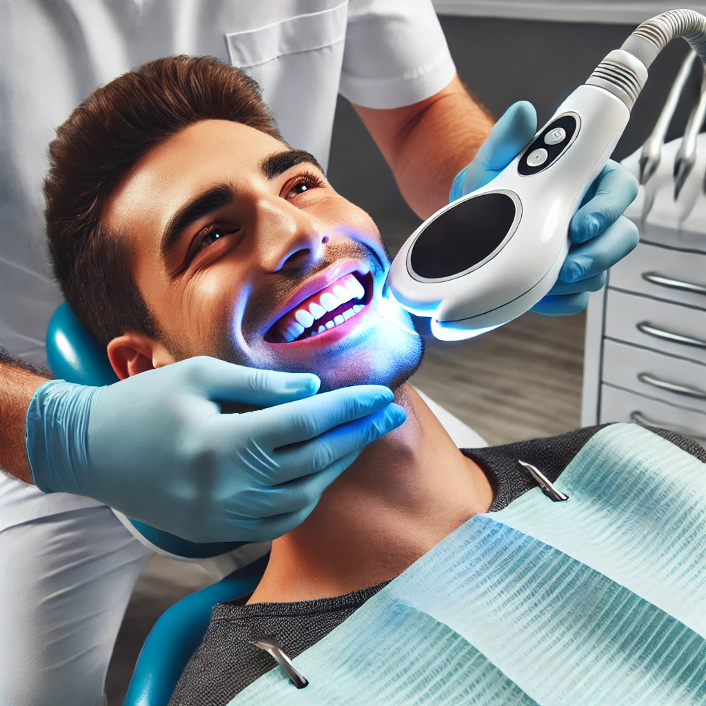 DALL·E 2025 03 22 18.47.32 A dentist performing a professional teeth whitening procedure on a patient using a special whitening lamp in a modern dental clinic